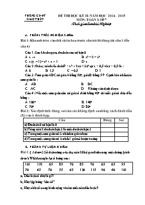 Đề thi học kỳ II môn Toán Lớp 7 - Năm học 2014-2015 - Phòng GD và ĐT Giao Thủy